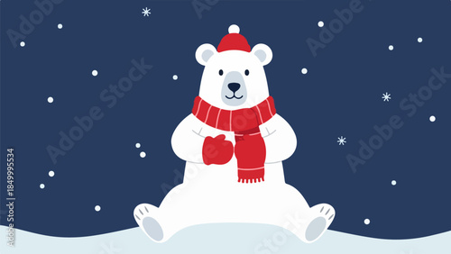 Cartoon polar bear with red scarf and hat on snow in winter night scene