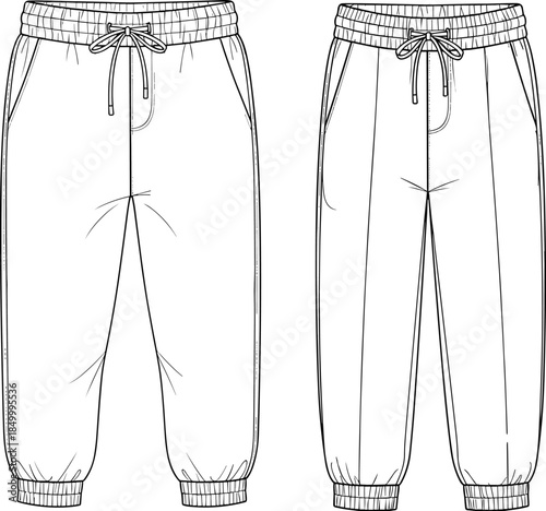 Technical flat sketch vector illustration of women's comfortable knit jogger pants, featuring ribbed elastic cuffs, drawstring waist, and relaxed fit for athleisure apparel design.