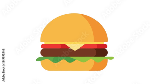 A simple flat design illustration of a classic hamburger with a bun, patty, cheese, tomato, and lettuce on a white background.