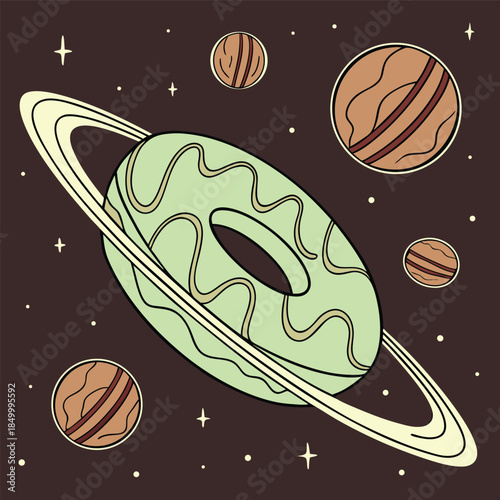 Surreal cosmic landscape features a giant, glazed donut planet with rings, orbiting amidst smaller planets and twinkling stars in a dark, mysterious outer space setting, blending food with astronomy