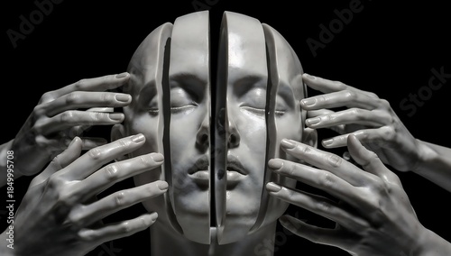 Faceless Head Splitting – Symmetrical Slices & Abstract Hands (Psychological Surrealism Sculpture)