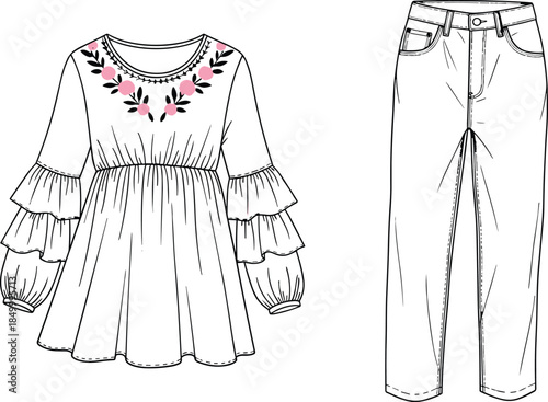 Technical flat sketch vector illustration of women's embroidered peasant blouse with tiered ruffle sleeves and high-waist straight-leg jeans for fashion design template.
