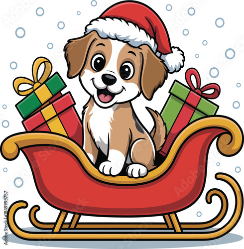 Cute Christmas Puppy in Santa Hat Sitting in Festive Sleigh Vector Illustration