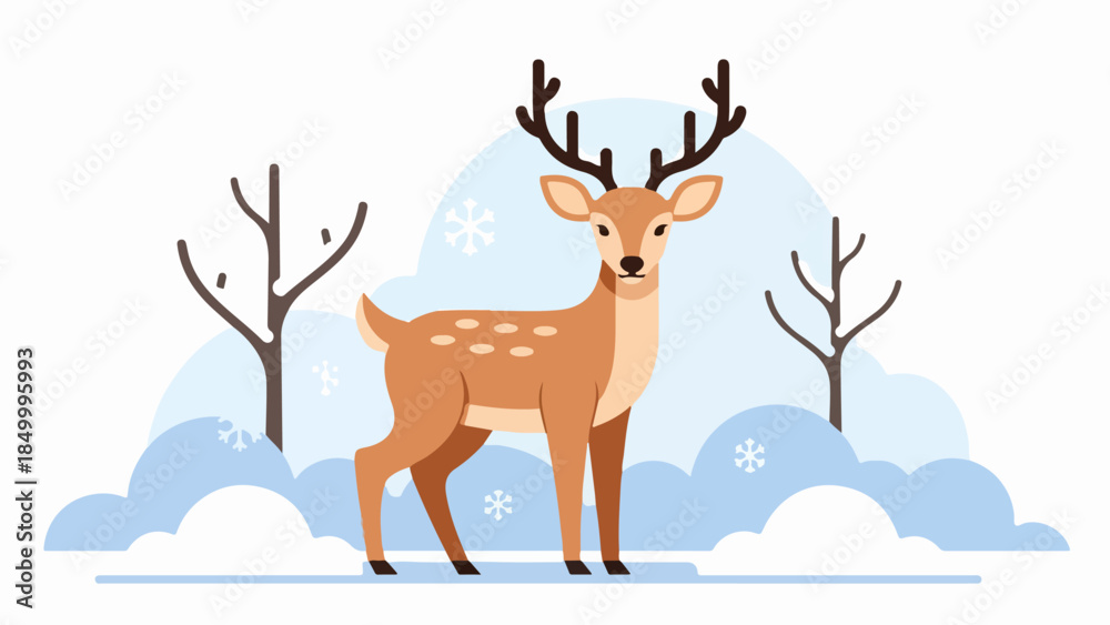 Fototapeta premium Majestic deer with antlers standing in a snowy winter landscape with bare trees and a light blue sky