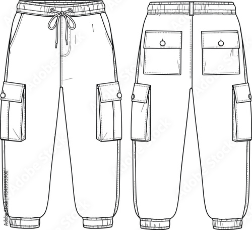 Technical flat sketch vector illustration of women's trendy cargo jogger pants, featuring elastic cuffs, drawstring waist, and functional utility pockets for modern streetwear apparel design.v