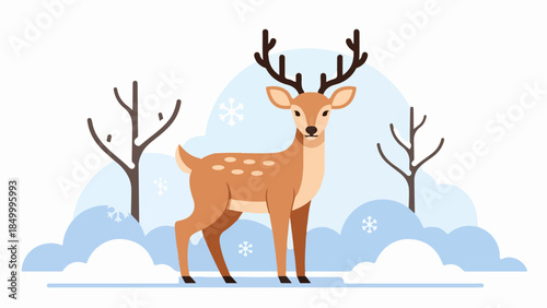 Majestic deer with antlers standing in a snowy winter landscape with bare trees and a light blue sky