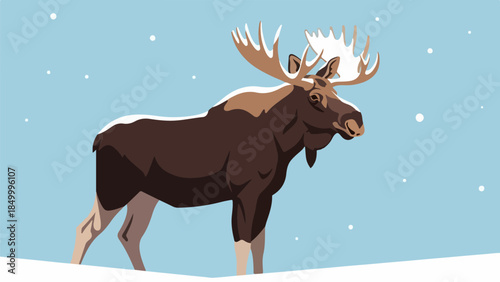 Detailed illustration of a moose with antlers in a snowy winter landscape