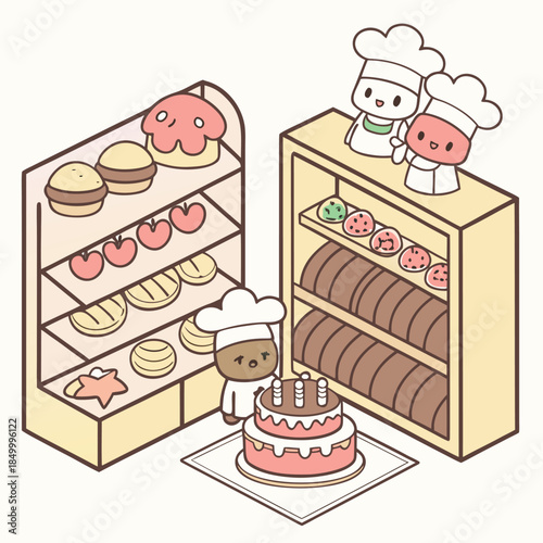 Cute cartoon chefs baking birthday cake in a bakery shop with display shelves filled with bread pastries and desserts adorable characters in a sweet setting