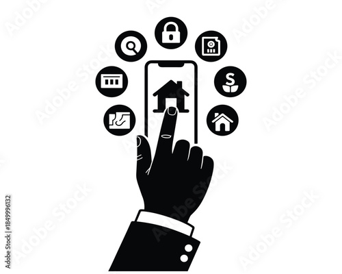 Hand using smartphone for home security and finance management
