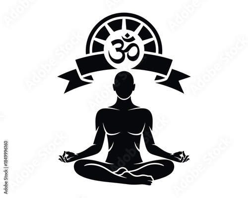 Meditation Yoga Pose Silhouette With Om Symbol Spiritual Mindfulness Illustration