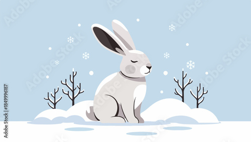 Light gray rabbit sitting in a serene winter landscape with snow-covered ground and bare trees