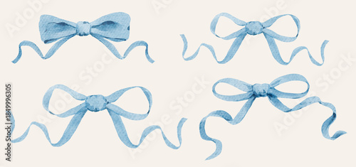 Watercolor blue bows with long flowing ribbons. Perfect for invitations branding packaging gift cards and soft decorative compositions.