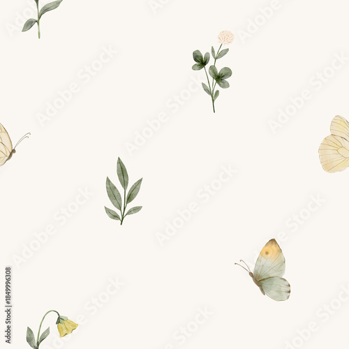 Minimal watercolor butterfly pattern with scattered botanical elements. Soft pastel background for calm design projects.
