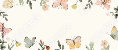 Soft watercolor butterfly border with delicate floral details. Elegant pastel nature frame for gentle design projects.
