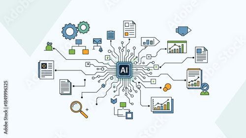 Conceptual illustration of Artificial Intelligence connected to various data and analytics processes