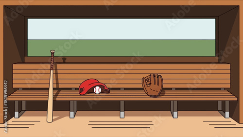 Baseball equipment on wooden dugout bench