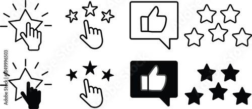 
Review icon set. Containing feedback, rating, satisfaction, like icons, quality evaluation score, achievement badge, success symbol. symbol of customers rating on transparent background
