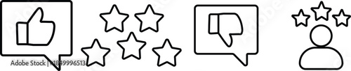 
Review icon set. Containing feedback, rating, satisfaction, like icons, quality evaluation score, achievement badge, success symbol. symbol of customers rating on transparent background
