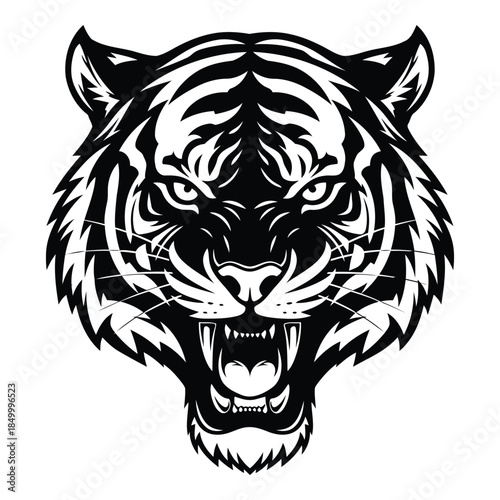 Black and white illustration of a tiger head with open mouth and sharp teeth