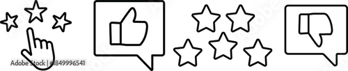 
Review icon set. Containing feedback, rating, satisfaction, like icons, quality evaluation score, achievement badge, success symbol. symbol of customers rating on transparent background
