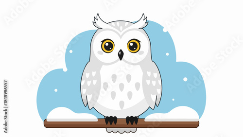 White owl with gray-speckled plumage perched on a brown branch against a winter sky with snowflakes