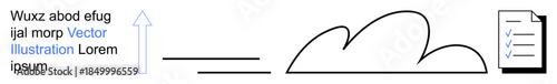 Data management, cloud computing, technology solutions, digital transfer, workflow optimization, file sharing. Minimalist design with a cloud, arrow and document. Cloud computing and technology