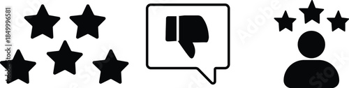 
Review icon set. Containing feedback, rating, satisfaction, like icons, quality evaluation score, achievement badge, success symbol. symbol of customers rating on transparent background
