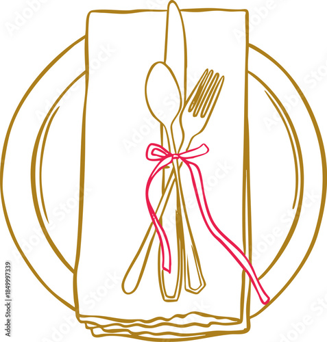 Festive table setting with cutlery and ribbon vector illustration isolated on white background, Line Art