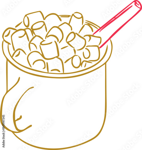 Cup with marshmallows winter holiday illustration isolated on white background, Line Art