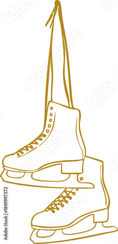Hanging ice skates Christmas ornament vector illustration isolated on white background, Line Art