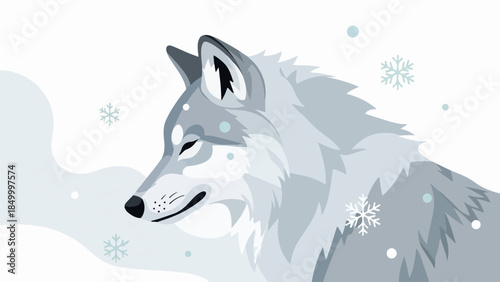 Illustration of a solitary wolf in a serene winter landscape with icy blues and grays