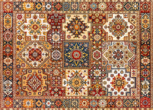 Colorful oriental patchwork carpet design with geometric floral motifs and intricate borders traditional decorative textile pattern background