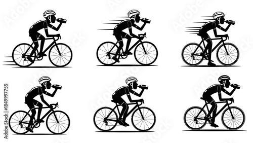Set of six black and white cyclist silhouettes in various dynamic poses, riding bikes and drinking from water bottles, depicting speed and motion on a clean white background