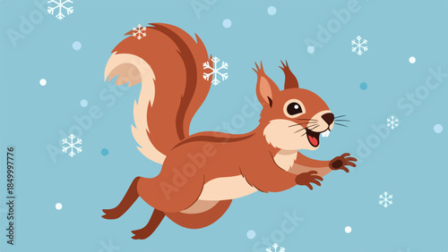 Red squirrel leaping with open mouth and extended tail against a light blue sky with snowflakes