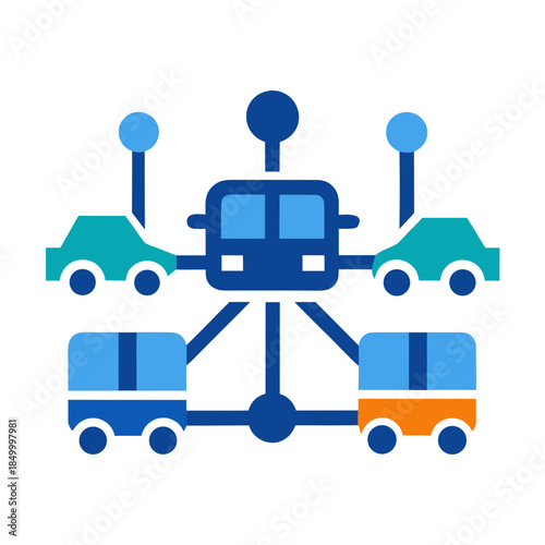 Connected and autonomous vehicles network illustration with buses and cars