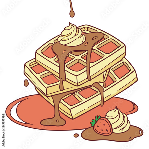 delicious stack of golden waffles with whipped cream and chocolate syrup pouring over top served with fresh strawberry and creamy topping on white background sweet breakfast treat illustration