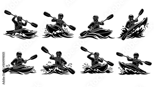 Kayaker paddling river and rapids silhouette set with splashing water waves dynamic movement illustration for water sports
