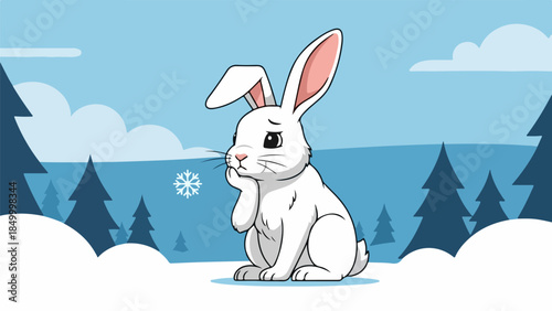 White rabbit blowing snowflake in winter landscape with coniferous trees and blue sky