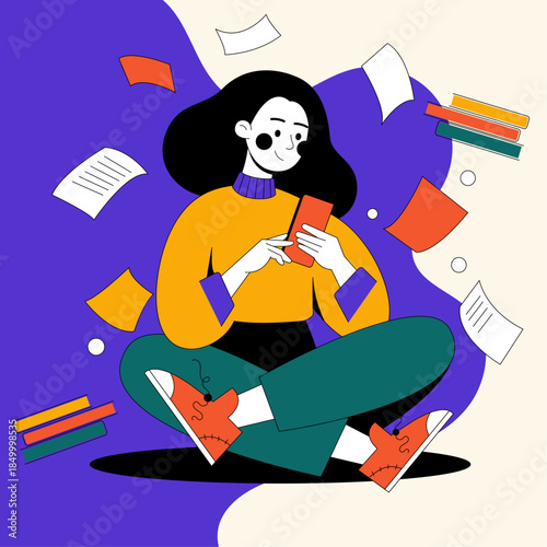 Vector illustration showing a person checking transaction history on a smartphone while sitting