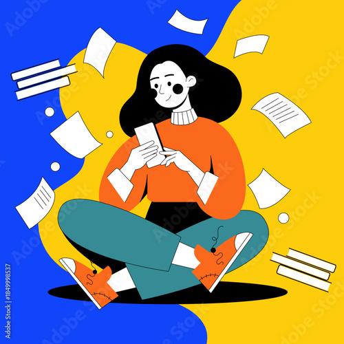 Checking transaction history on smartphone while seated with papers floating around