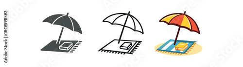 minimal travel beach umbrella with towel and book