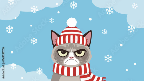 Gray cat wearing a red and white striped winter hat with a white pom-pom and scarf on a light blue snowy background