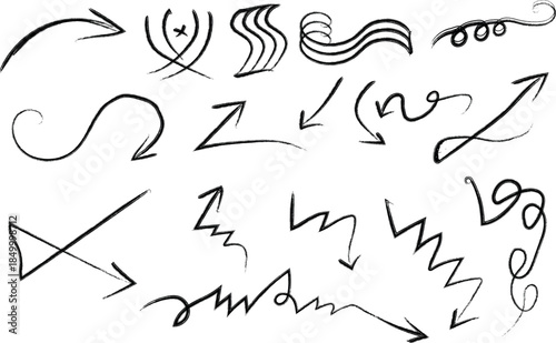 A collection of hand drawn arrows and abstract symbols in black ink on a white background