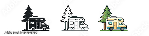 minimal travel camper van parked under pine tree