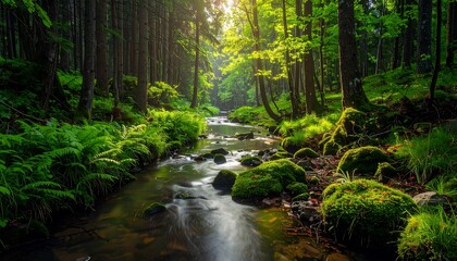 Deken met foto Bosrivier Zonbeschenen beek langs bemoste rotsen  © sus