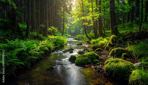 Sunlit forest stream flowing among verdant mossy rocks, through dense trees, creating a tranquil, lush scene