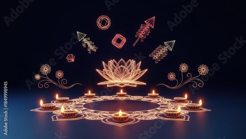 Radiant Festival Illumination with Glowing Lotus and Traditional Diyas Arrangement