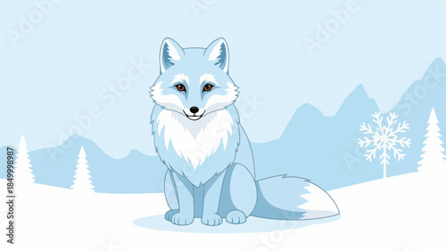 Light blue fox with white fur sitting in a snowy winter landscape with mountains and pine trees