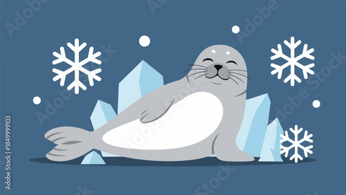 Illustration of a gray seal resting on icebergs with snowflakes in a winter landscape