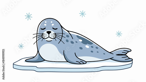 Relaxed seal resting on light blue ice floe with white spots and grayish-blue body